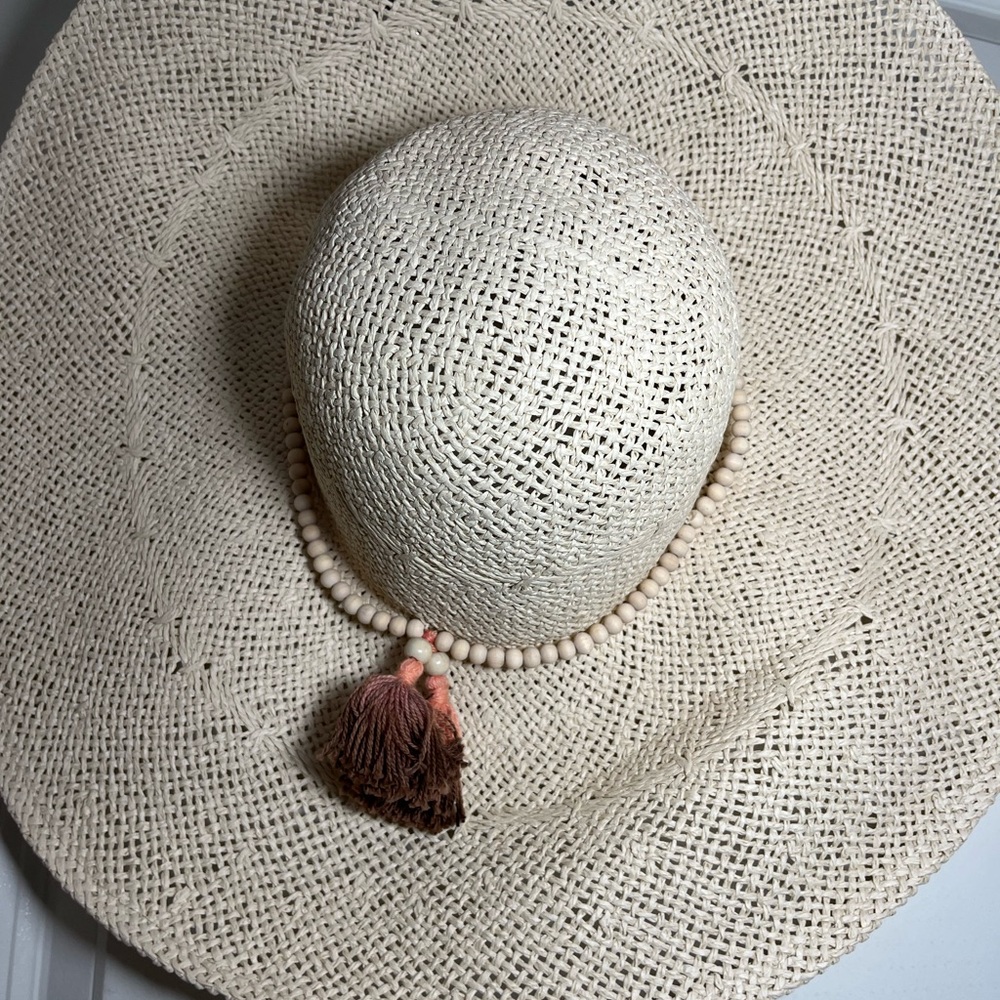 Wide Brim Straw Sun Hat with Bead & Tassel Trim - Cream